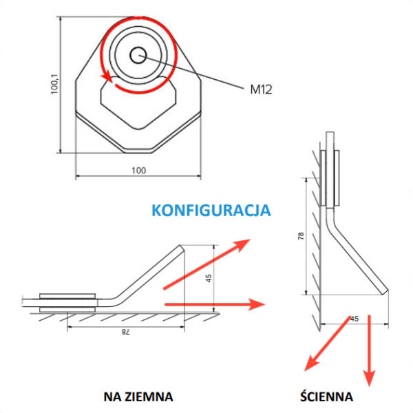 Obrotowy żółty punkt kotwiczenia wymiary i konfiguracja Obrotowy żółty punkt kotwiczenia wymiary i konfiguracja